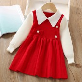 【18M-6Y】Girls Fashionable Fake Two Piece Lapel Sweater Dress