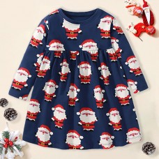 【18M-7Y】Girl Cute Christmas Santa Claus Print Long Sleeve Dress